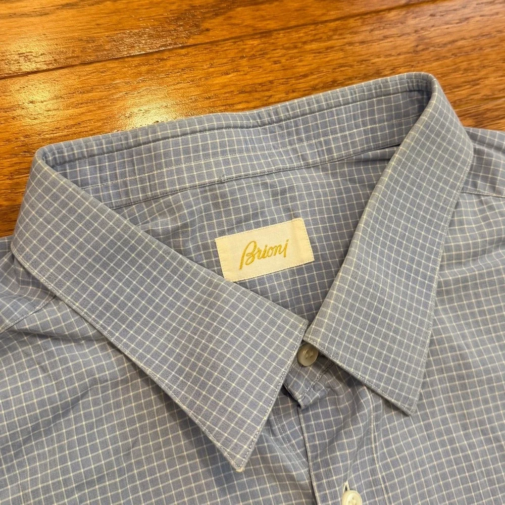 Brioni Button-Down Dress Shirt Fits Mens 17.5 Blue White Check Italy Cotton